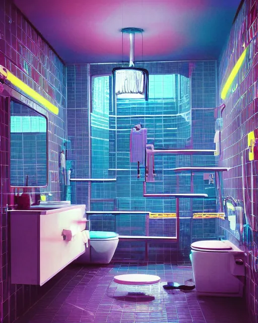 Prompt: IKEA catalogue photo of a cyberpunk bathroom, by Paul Lehr