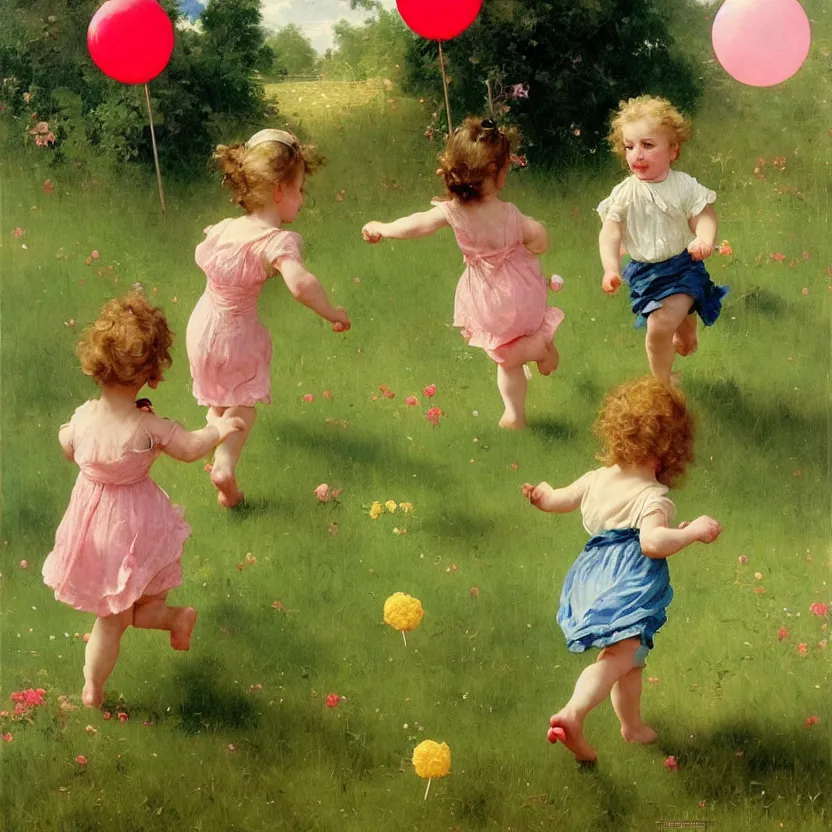 Prompt: idyllic cute toddler children running through meadows with lollypops, streamers, balloons, blue sky, flowers. dreamlike fantasy painting by norman rockwell, bouguereau. trending on artstation.