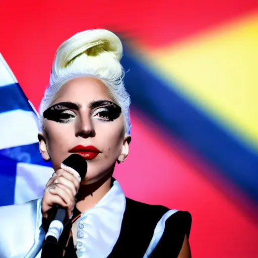 Image similar to Lady Gaga as president, Argentina presidential rally, Argentine flags behind, bokeh, giving a speech, detailed face, Argentina