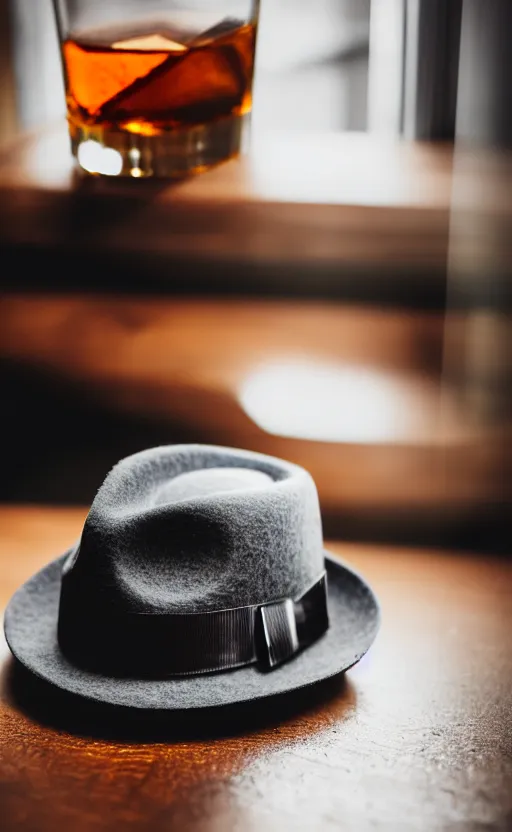 Prompt: photo of dark gray felt fedora and one rocks glass containing some whiskey, on a dark wood bar near a window, film noir lighting, smoky, 8 k,