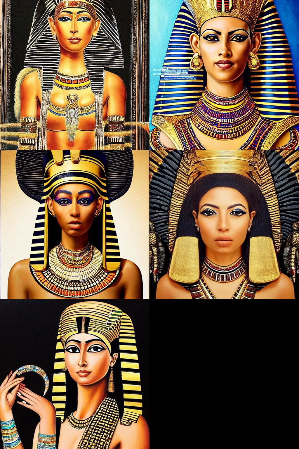 Prompt: “A hyperrealistic highly detailed painting of an Egyptian queen in a harem outfit, with fair skin, wearing gold jewelry and eyes with a black and white hypnotic spiral in them”