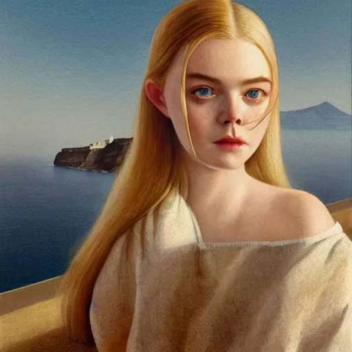 Prompt: Elle Fanning in Santorini, head and shoulders portrait, extremely detailed masterpiece, Roger Deakin’s cinematography, illustration, by Michael Sowa,