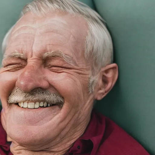 Image similar to a smiling old man sitting on a couch wearing the same fabric as the couch
