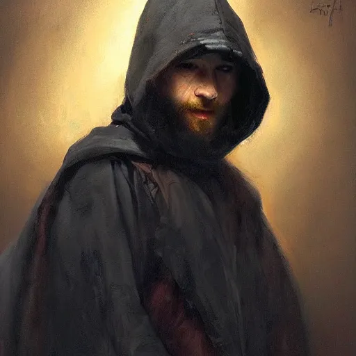 Prompt: high quality oil painting portrait of The Ironic Hooded Thief by Rembrandt and Raymond Swanland, dark background, high fantasy, perfect lighting