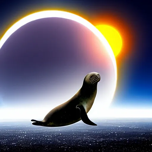 Image similar to a solar eclipse by a giant seal floating in space