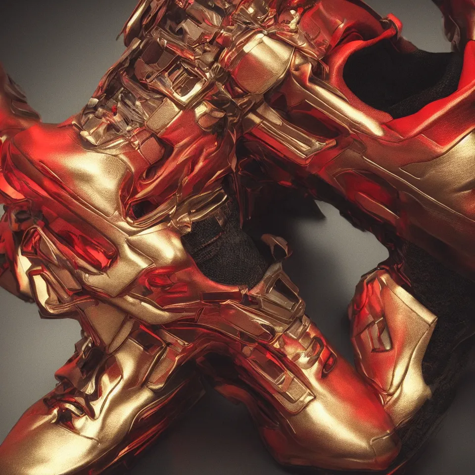 Prompt: realistic sculpture of a cyberpunk sneaker, beautiful studio lighting, soft, sharp focus, cyberpunk, intricate detail, gold and red accents, soft rubber, octane render, trending on artstation, deviantart, art by syd mead