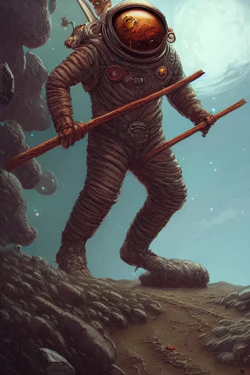 Prompt: Giant with an axe walking on the moon, fantasy, intricate, highly detailed, digital painting, HQ, trending on artstation, illustration, style of Stanley Artgerm and Greg Rutkowski and Dan Mumford