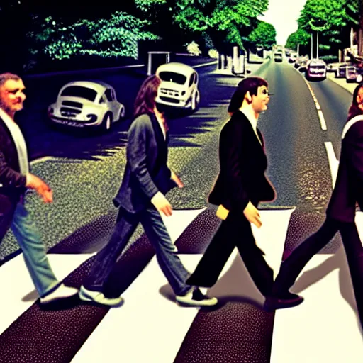 Image similar to 4 men walking on crosswalk on abbey road, city, digital art, 8 k.