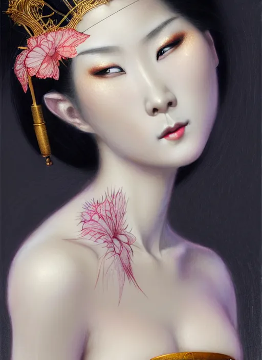 Prompt: organic Geisha portrait, pearlescent skin, diffuse lighting, fantasy, intricate, elegant pose, highly detailed, lifelike, photorealistic, digital painting, artstation, illustration, concept art, different point of view, smooth, sharp focus, art by John Collier and Albert Aublet and Leonardo da vinci and Moebius and Krenz Cushart