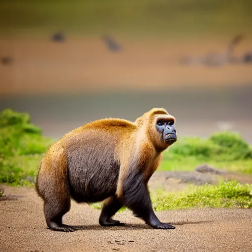 Image similar to hybrid between a gorilla and a capybara in the wild, wildlife photography, dslr