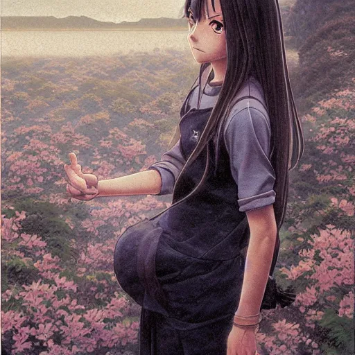 Prompt: anime mila kunis by by Hasui Kawase by Richard Schmid