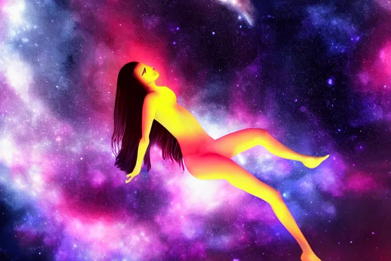 Image similar to silhouette of a girl laying horizontally suspended in air with long hair, she's exploding into incredible stars and nebula, dramatic abstract digital painting, trending on artstation