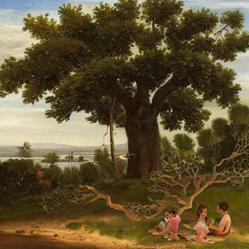 Prompt: A detailed painting of a landscape, close and to the left there is a beautiful young woman laughing and playing with her young children, they have a picnic table by a large tree with green leaves and there's a small nest with sparrow hanging in one of the branches over them. In the distance, there's a large lake with a sandy beach and a city across from it, one or two boats are in the lake and a flock of geese fly overhead. It's early evening, there's not a cloud in the sky, but there is a warm breeze and a crescent moon is already visible in the sky. Extremely detailed masterwork of art, worthy of being hung in a museum gallery, high quality - n 4