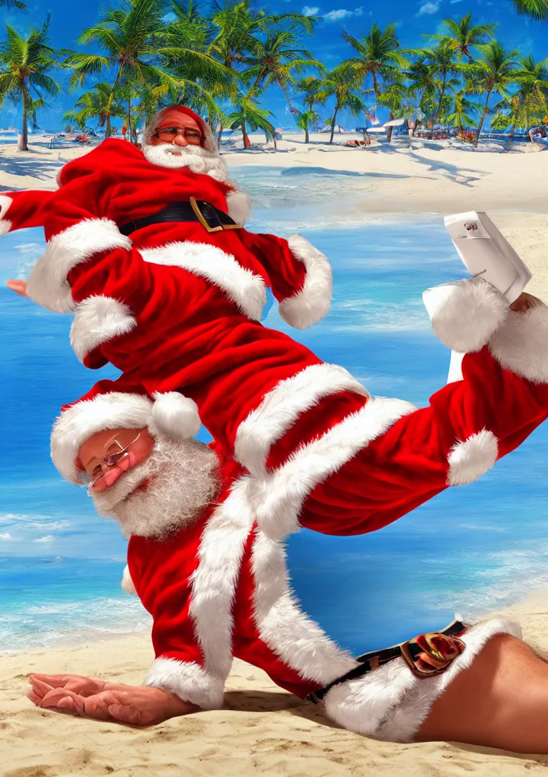 Prompt: santa claus sunbathing on the beach, 3d rendering of photo realistic image, super detailed, 4K,cinematic look