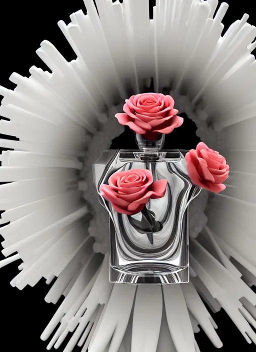 Image similar to perfume bottle standing on a biomechanical black enchanted vanity mirror made of corals, daisies, roses in an ivory room well contoured smooth fair walls, up close shot, sharp focus, global illumination, radiant light, alexandre ferra white mecha, irakli nadar, octane highly render, 4 k, ultra hd,