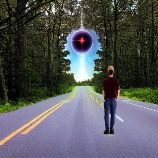 Image similar to A 4th dimensional being stands in the middle of the road, photo