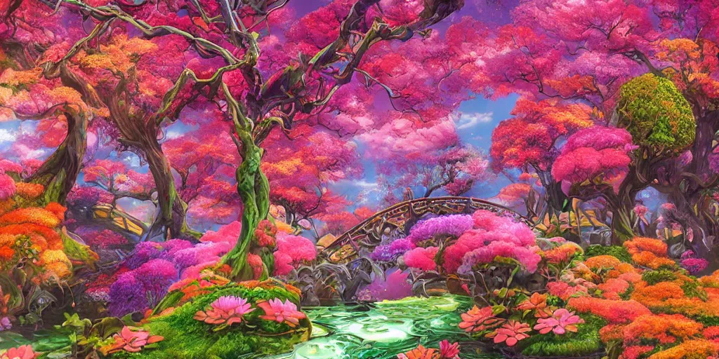 Prompt: vivid an explosion the lost society japanese garden floral display, verdant topiary, pastiche by Michael Whelan, pastiche by Cyril Rolando, pastiche by Peter Morbacher Precise and Intricate Linework, Art Nouveau Cosmic 4k Detailed Matte Illustration trending on Pixiv ,CGSociety, Cherry Blossom Pink and Orange color scheme