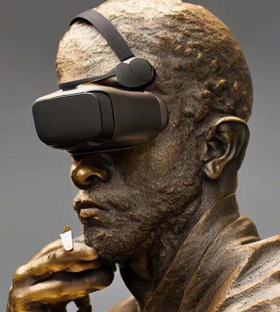 Image similar to a 4 k photorealistic photo medium shot of a bronze statue of a man wearing a vr headset on his head.