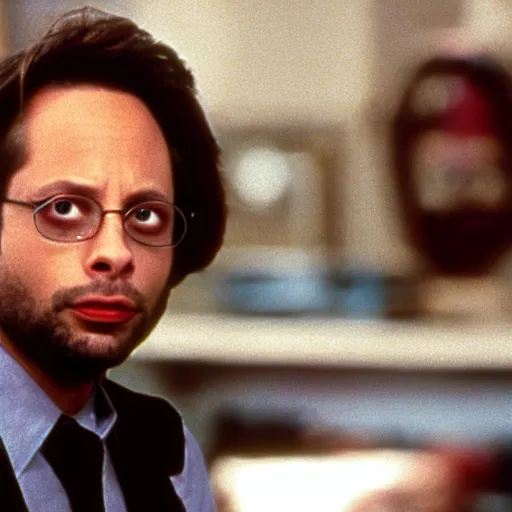 Prompt: film still of Nick Kroll as Dr Seth Brundle in The Fly 1986