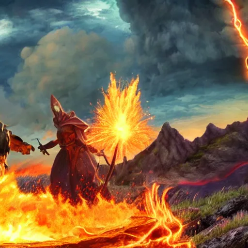 Image similar to epic battle between two wizards, lava in the background, cinematic, establishing shot