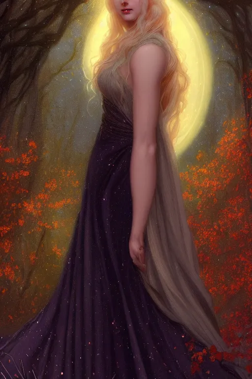 Image similar to Nocturne, glowing, stars, beautiful sly dryad, long blonde hair, highly detailed, mysterious, ethereal, autumn colored medieval gown, haute couture, illustration, dramatic lighting, soft details, painting, by Edmund Blair Leighton, Brom, Charlie Bowater, trending on artstation, faces by otto schmidt