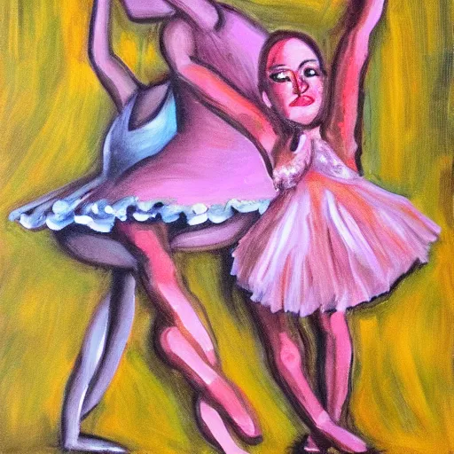 Prompt: painting of peanut with arms and legs and a face dancing ballet, studio, mirrors, lighting