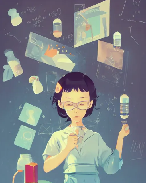 Image similar to a little girl is doing a science experiment. clean cel shaded vector art. minimalist illustration art by lois van baarle, artgerm, helen huang, petros afshar by makoto shinkai and ilya kuvshinov, rossdraws