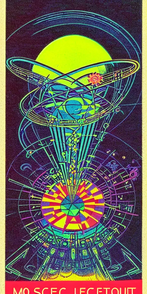 Image similar to 1968 science fiction tarot card, cut out collage, neon Aztec, non Euclidean, spring on Saturn, epic theater, deep sea, mountain plants, drawings in part by moebius, part by Ernst Haekl, text by William S Boroughs