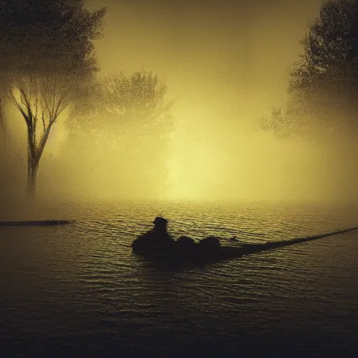 Image similar to double exposure of a river of darkness and a lost fisherman illustration trending on artstation, moody, atmospheric, dimly lit,