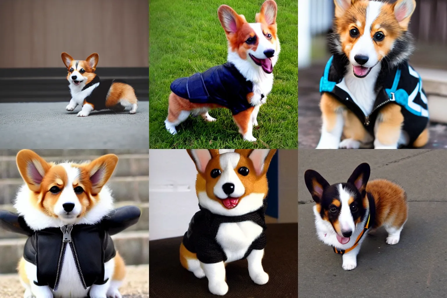 Prompt: A corgi pup wearing a biker jacket