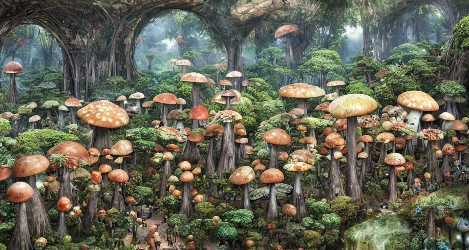 Prompt: A tribal village in a forest of giant mushrooms, by Yoshitaka Amano,