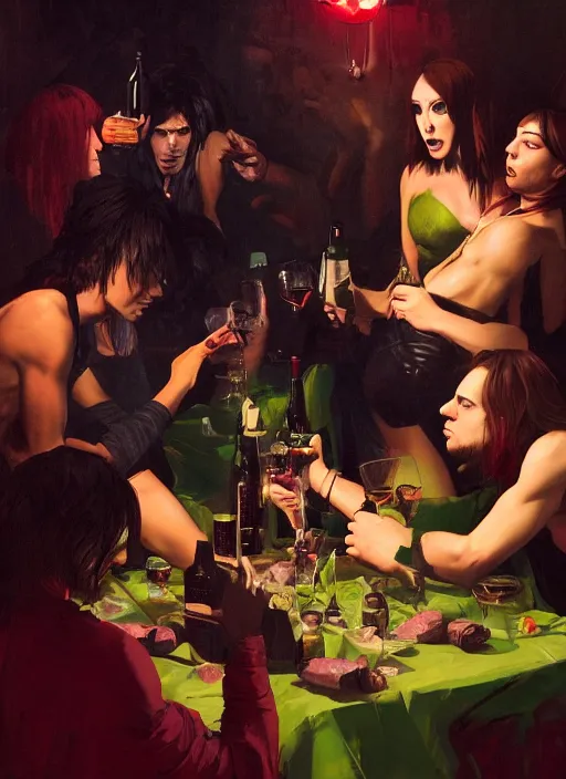 Prompt: glam rocker drinking brutal and raw wine bacchanals with his friends, inside a green room with red lights, renaissance painting, greg rutkowski, makoto shinkai, phil hale, extremely detailed