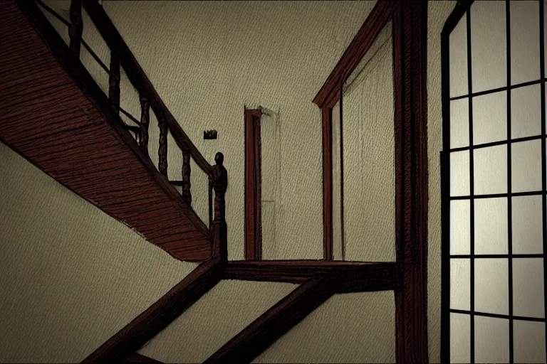 Prompt: looking down stairs in a house at the semi transparent ghost of a man at the bottom, digital art