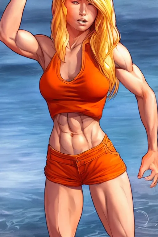 Image similar to a gorgeous muscular woman with very long hip-length blonde hair, wearing a cut-off white top and orange cut-off shorts standing by the water, in the style of artgerm and moebius and annie liebovitz, marvel comics, photorealistic, highly detailed, trending on artstation