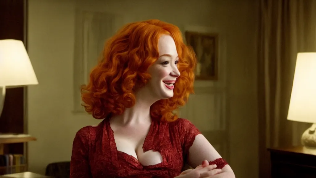 Image similar to a very happy beautiful Christina Hendricks in the living room, film still from the movie directed by Denis Villeneuve with art direction by Salvador Dalí, wide lens