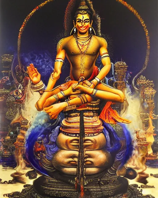 Prompt: One many-armed Shiva sits. In the background gasoline on the water. Dark colors, extremely high detail, hyperrealism, masterpiece, close-up, ceremonial portrait, solo, rich deep colors, realistic, art by Yoshitaka Amano