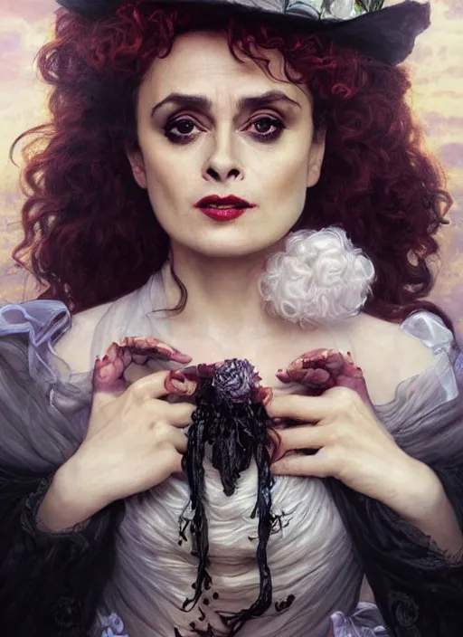 Prompt: portrait Helena Bonham Carter as a poison witch, full length shot, shining, 8k highly detailed, sharp focus, illustration, art by artgerm, mucha, bouguereau