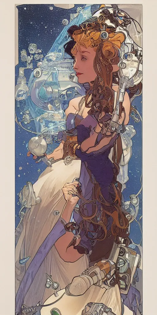 Image similar to a woman wearing outer space as a dress, pouring water from a vase into the milky way, by travis charest, by alphonse mucha, battle chasers.