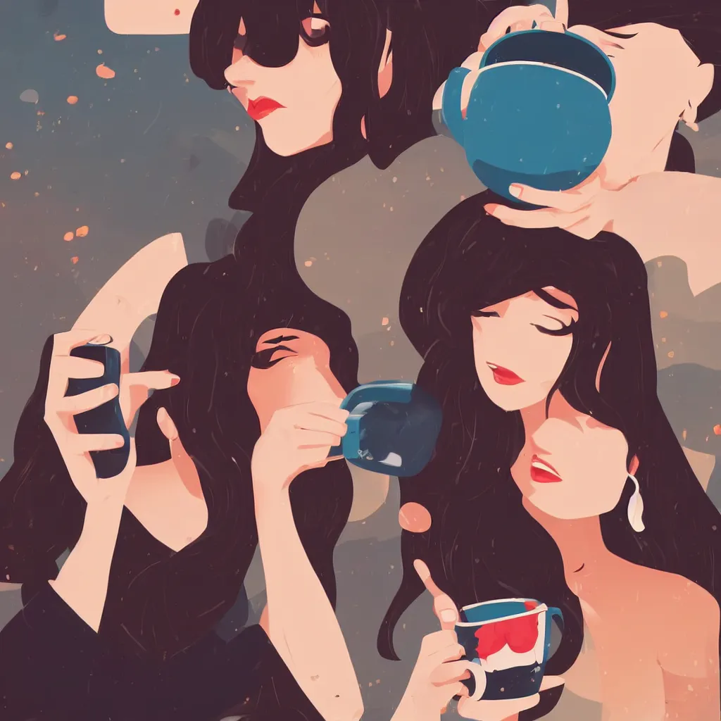 Image similar to young woman drinking coffee, clean cel shaded vector art. shutterstock. behance hd by lois van baarle, artgerm, helen huang, by makoto shinkai and ilya kuvshinov, rossdraws, illustration