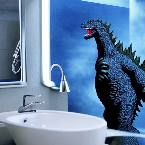 Image similar to godzilla in the bathroom brushing his teeth, electric toothbrush