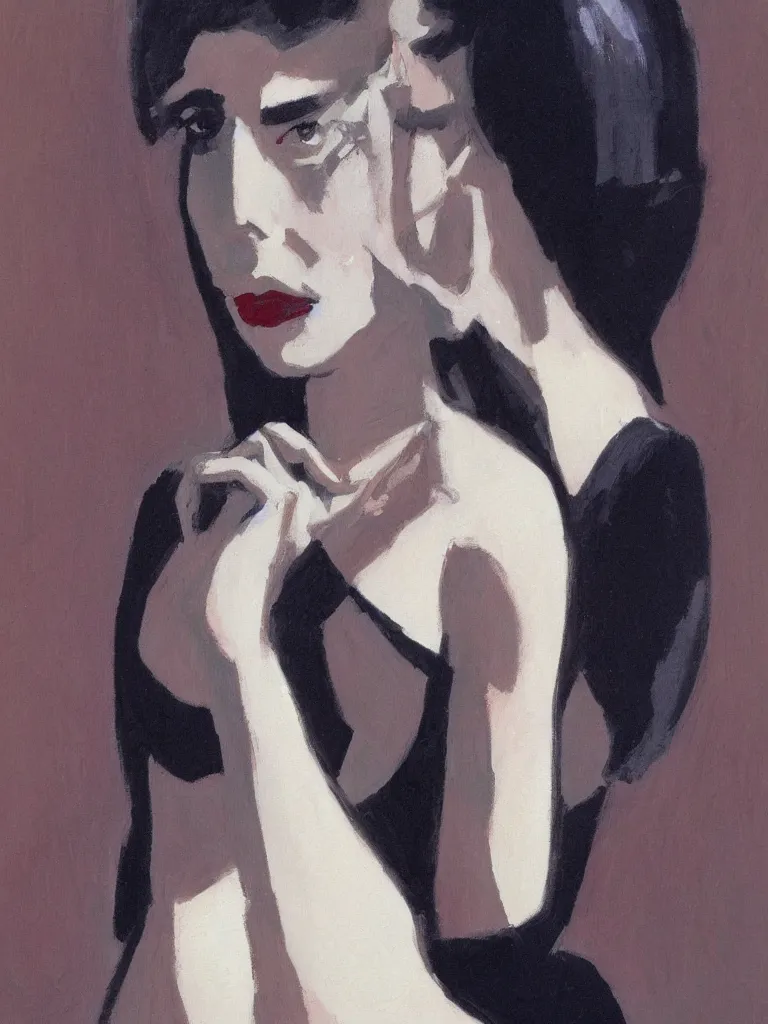 Image similar to portrait profile of one mysterious dark beautiful women in 1 9 7 8, femme fatale, oil painting by john watkiss