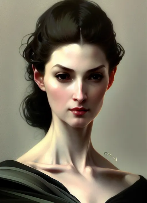 Prompt: character concept portrait of a woman with pointy ears and an elegant gown, pale face, intricate, elegant, digital painting, concept art, smooth, sharp focus, illustration, from Metal Gear, by Ruan Jia and Mandy Jurgens and William-Adolphe Bouguereau, Artgerm