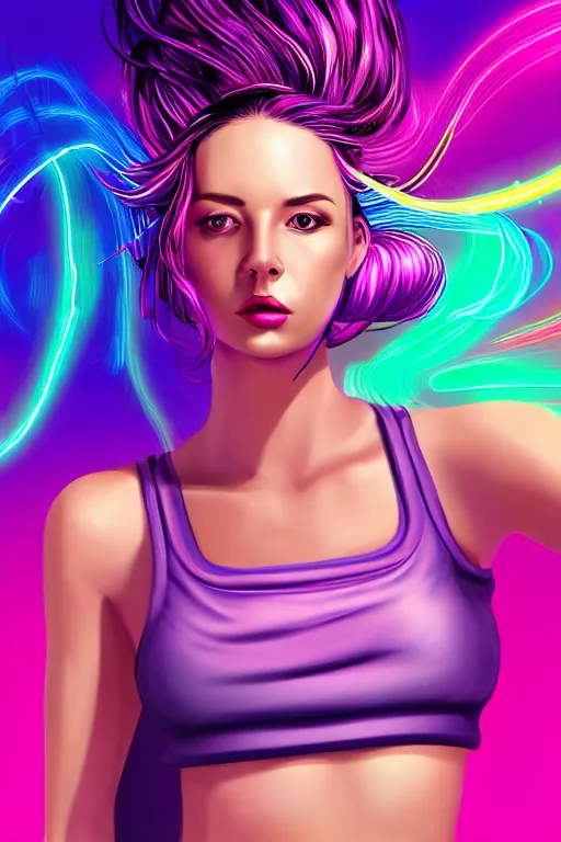 Image similar to a award winning half body portrait of a beautiful woman in a croptop and cargo pants with ombre purple pink teal hairstyle with head in motion and hair flying, surrounded by whirling illuminated lines, outrun, vaporware, shaded flat illustration, digital art, trending on artstation, highly detailed, fine detail, intricate