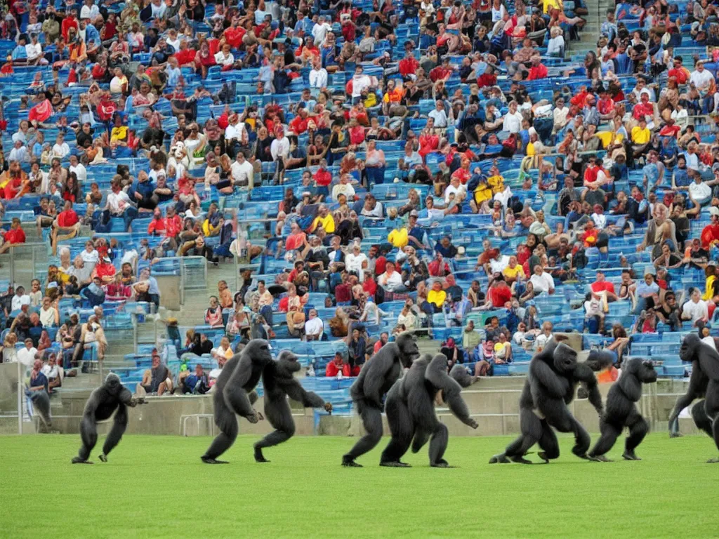 Prompt: gorillas playing a soccer game in a stadium full of people, vivid