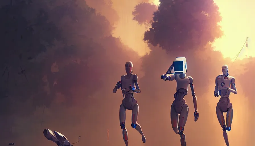 Image similar to running robots in a marathon, digital painting, illustration by artgerm and greg rutkowski and makoto shinkai, artstation