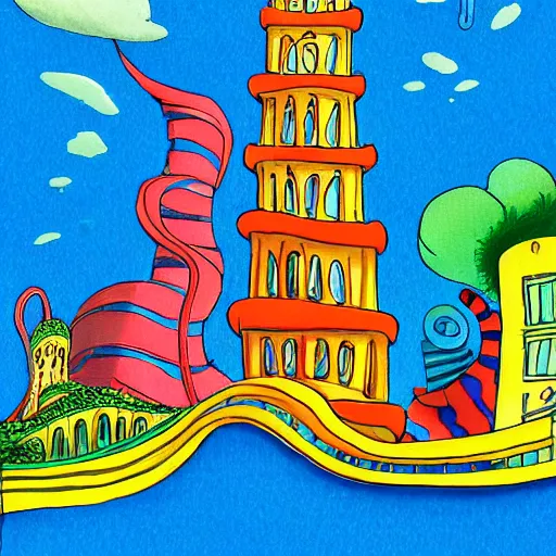 Image similar to fanciful city filled with curvy buildings, by dr seuss, the lorax,, arches, platforms, towers, bridges, stairs, colorful kids book illustration, oh the places you'll go