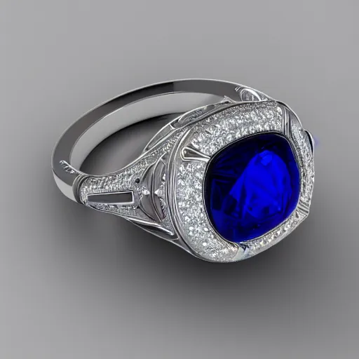 Image similar to A ring with a deep blue sapphire stone set on a hyper detailed engraved platinum band, V-ray, 8k, Octane Render, Unreal engine