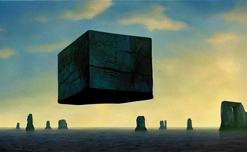 Prompt: hyperrealist painting of an giant cube from independence day ( 1 9 9 6 ) in a flooded monument valley stonehenge. 1 9 7 0 s science fiction, moody, misty, depth perception, 4 k, artstation, in the style of studio ghibli