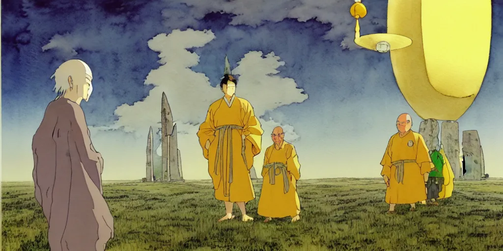 Image similar to a hyperrealist studio ghibli watercolor fantasy concept art of a giant chinese god and a small grey alien with a yellow robe in stonehenge in the early morning. a giant gold ufo is floating in the air. by rebecca guay, michael kaluta, charles vess