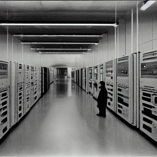 Image similar to grainy underexposed photo of Marcel Duchamp in a huge minimal machine room full of ancient computers, tri-x, Rinko Kawauchi, archival pigment print, occult dream, contemporary art